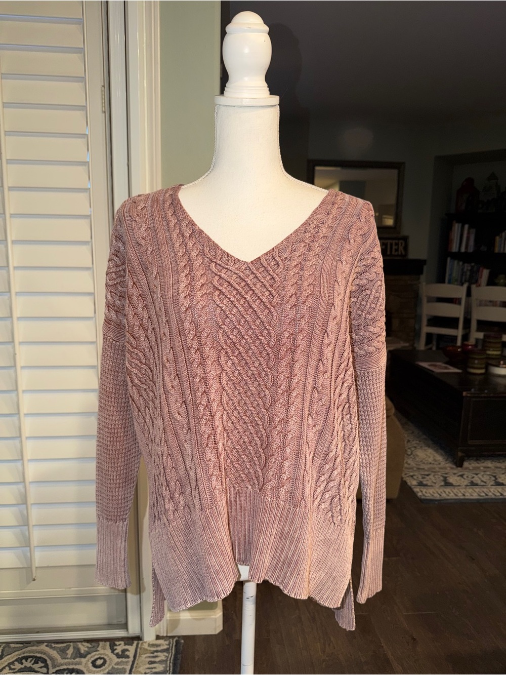 By Together Dusty Rose Cable Knit V-Neck Sweater